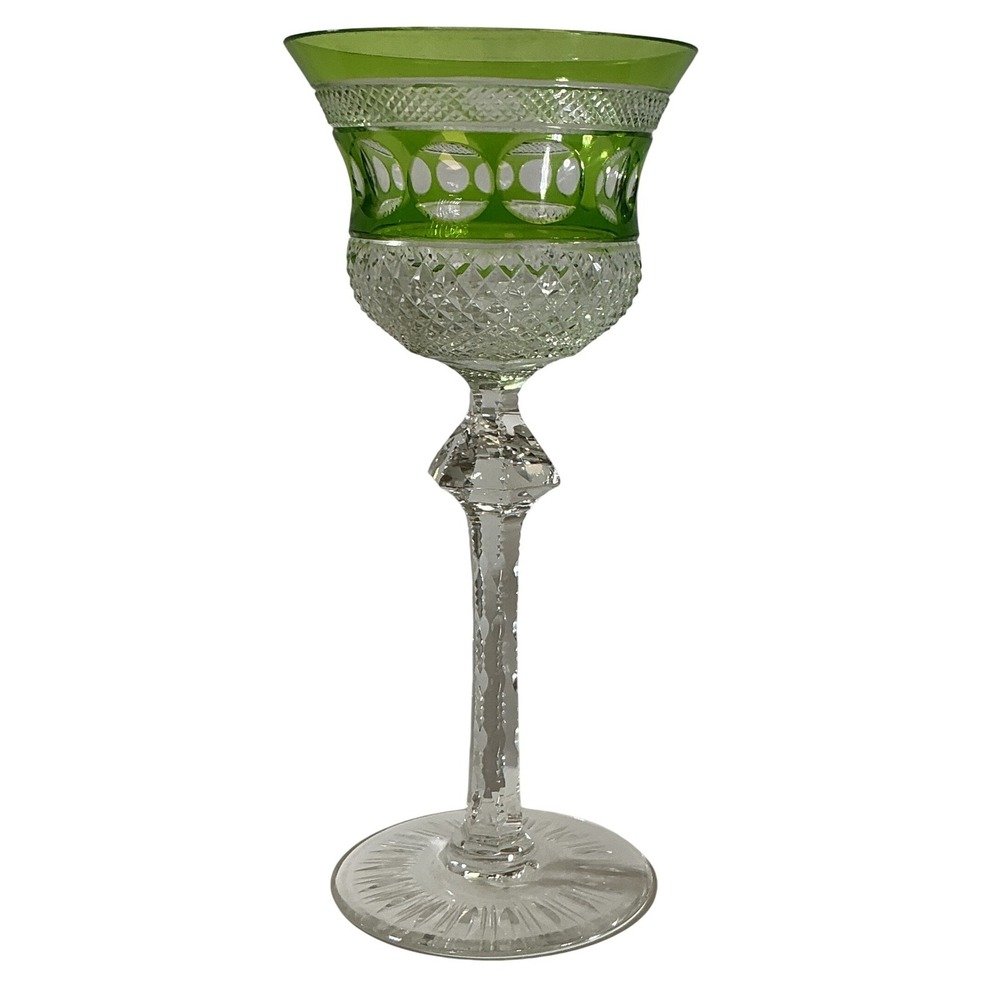 Vintage Green Cut to Clear Crystal Wine Hock Tall Stem Faceted Glassware - Picture 2 of 9